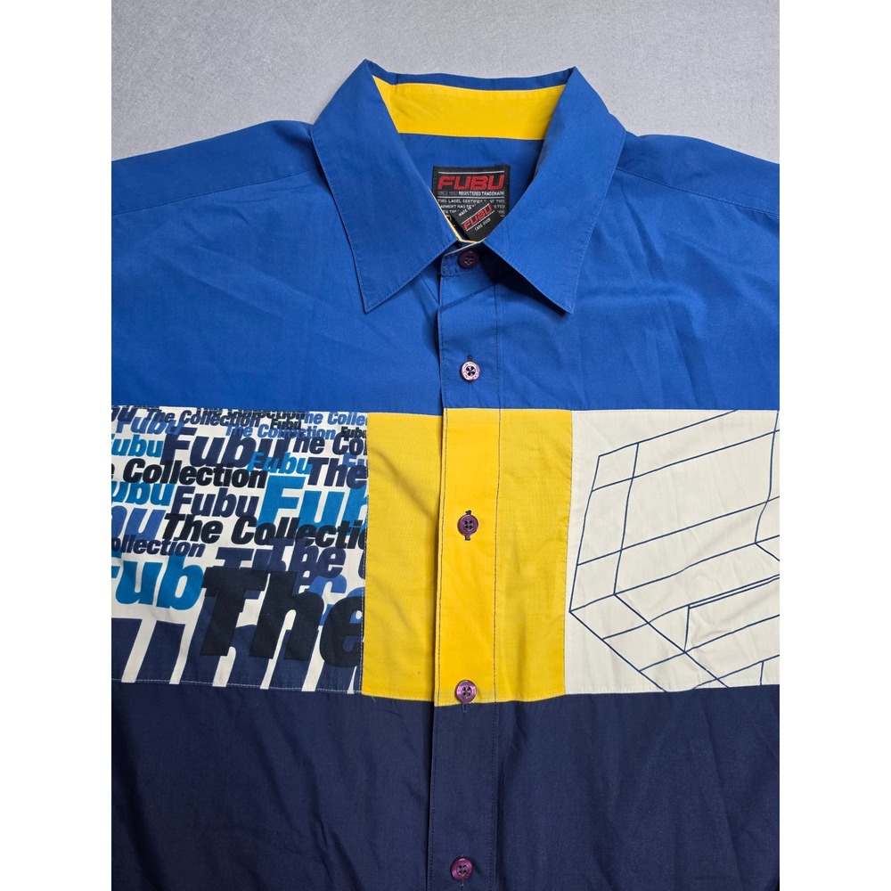 Vintage FUBU Shirt Men's 2XL Blue Colorblock Graphic Cotton Button-Up Retro Y2K - Picture 5 of 9